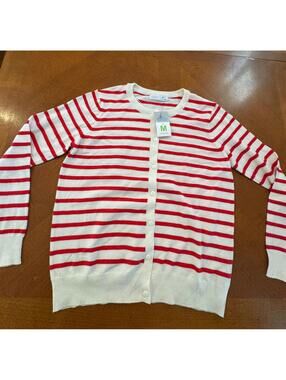 Primark Women's Medium Red and White Striped Cardigan Sweater